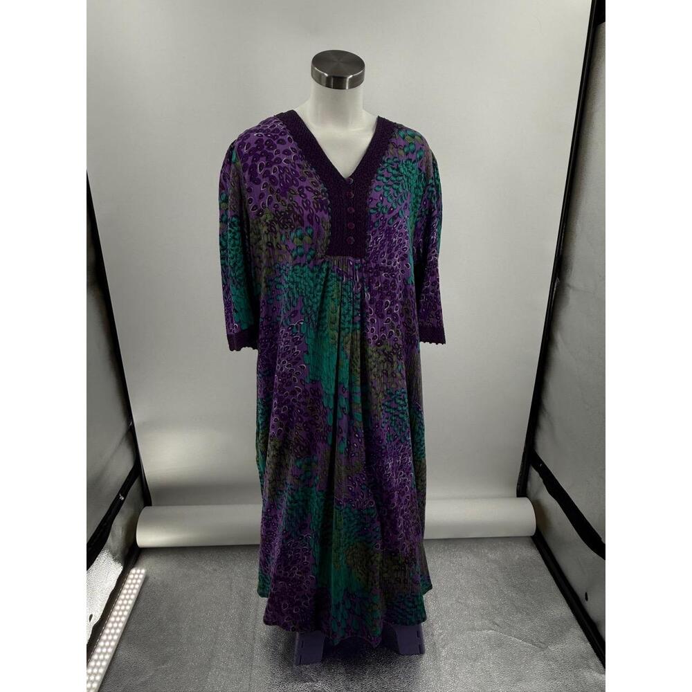 Phases Purple‎ Teal Patterned Vneck 3/4 Sleeves Kaftan Dress Size 1X